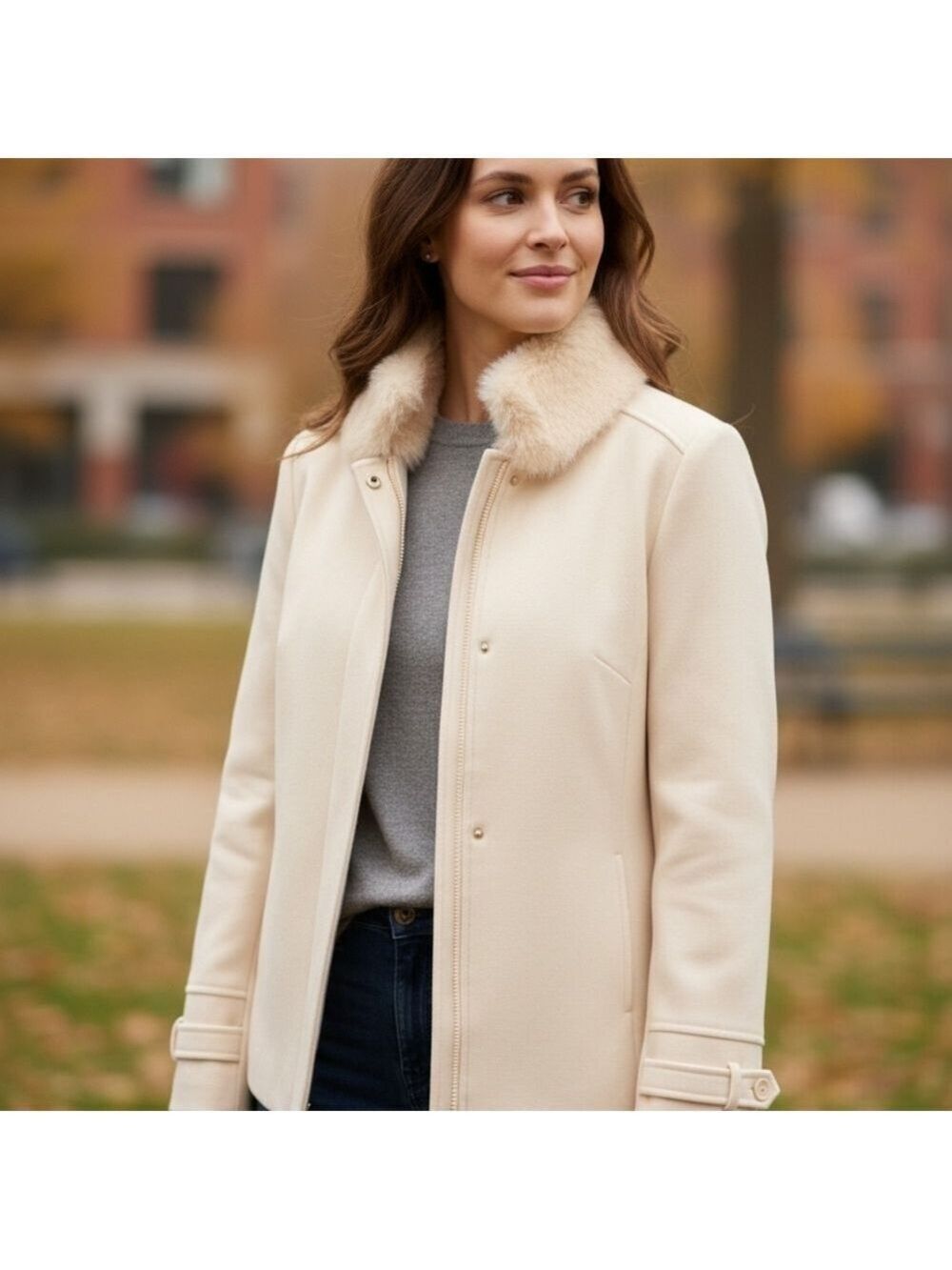 Principles Chic Women's Cream Trench Coat with Faux Fur Collar Euro Size 44